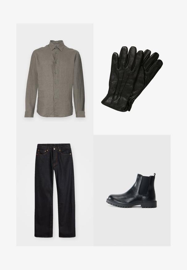 Sudadera con cremallera gris, con capucha, bolsillo frontal y puños acanalados. Fabricada en una tela suave, presenta un diseño simple y limpio.; Camisa de manga larga gris claro hecha de lino, con un frente abotonado, cuello y puños. Textura suave con un sutil patrón de tejido.; Jeans de mezclilla negros de pierna recta para hombre, con cinco bolsillos y costuras en color naranja, cierre de botón y cremallera en la parte delantera de la cintura.; Las botas Chelsea de cuero negro cuentan con paneles laterales elásticos, puntera redondeada y suela de goma con tracción. Diseño minimalista con una lengüeta.; Guantes de cuero negro con una textura suave, cinco dedos y detalles de costura sutiles. Diseño clásico, adecuado para usar en clima frío.