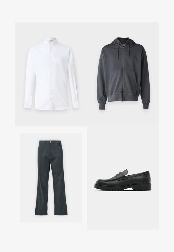 Felpa grigia con zip e cappuccio, tasca frontale e polsini a coste. Realizzata in morbido tessuto, presenta un design semplice e pulito.; Camicia bianca a maniche lunghe con bottoni, realizzata in cotone, con colletto classico, taglio dritto e texture liscia con bottoni abbinati.; Pantaloni neri con taglio dritto, realizzati in tessuto misto cotone. Presentano una chiusura con bottone metallico e tasche laterali. Nessun motivo visibile.; Mocassini in pelle nera con punta rotonda, caratterizzati da un design cucito, suola piatta bassa e un battistrada in gomma testurizzata e scolpita.