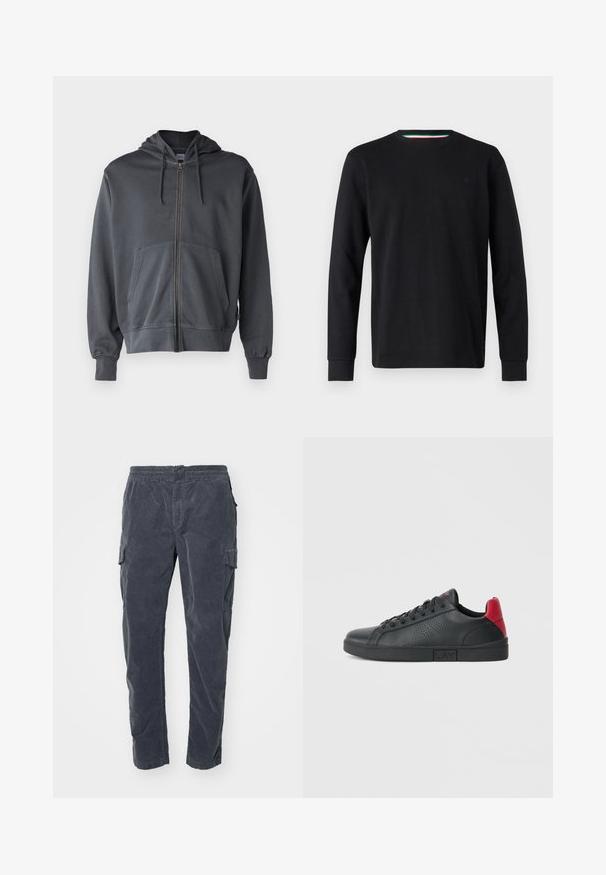 Szara bluza z kapturem na zamek, z przednią kieszenią i ściągaczami na rękawach. Wykonana z miękkiego materiału, charakteryzująca się prostym, czystym designem.; Replay - Bluzka z długim rękawem; Ciemnoszare spodnie cargo z elastycznym paskiem w talii, bocznymi kieszeniami i miękkim, teksturowanym materiałem. Prosty krój nogawki z minimalnymi detalami.; Czarne syntetyczne sneakersy z czerwonymi akcentami na pięcie, perforowanym wzorem po bokach, okrągłym czubkiem, płaską czarną podeszwą i czarnymi sznurówkami.