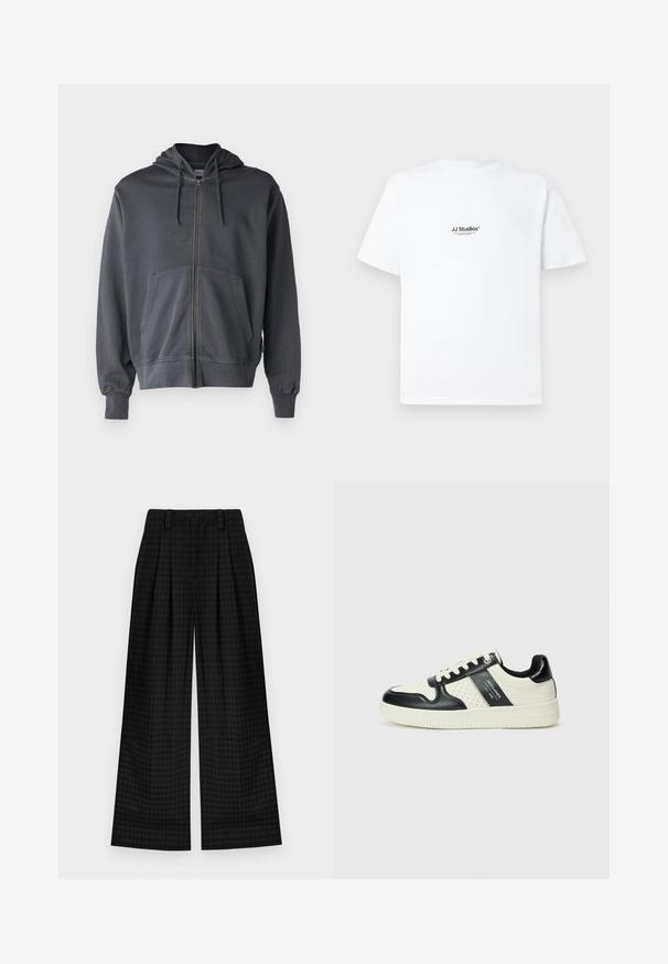 Šedá mikina na zips s kapucňou, prednou kapsou a rebrovanými manžetami. Vyrobená z mäkkej látky, s jednoduchým a čistým dizajnom.; Biela bavlnená tričko s krátkymi rukávmi. Obsahuje malé čierne logo s textom "JJ Studios" na hrudi. Jednoduchý, nezdobený dizajn.; Čierne kárované nohavice s širokými nohavicami a skladmi, s hladkou textúrou a klasickým dizajnom. Ľahký materiál pre pohodlie.; Kožené tenisky v čierno-krémovej farbe, s perforovanými akcentmi, polstrovaným golierom a štruktúrovanou podrážkou.