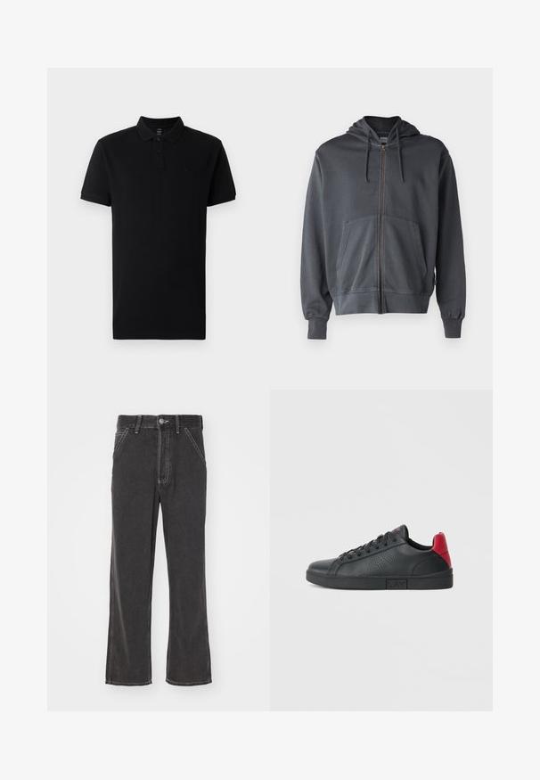 Casaco com fecho éclair cinza, com capuz, bolso frontal e punhos canelados. Feito de um tecido macio, apresentando um design simples e minimalista.; Camisa polo preta feita de algodão, com decote collared, pala de botão de dois botões e mangas curtas. Design minimalista com detalhe de logotipo discreto.; Calças de ganga pretas, em corte flare, com cintura alta, costura em contraste, bolsos frontais e fecho de botão. O material parece robusto com uma textura suave.; Sapatilha sintética preta com acentos vermelhos no calcanhar, design perfurado nas laterais, biqueira arredondada, sola preta plana e atacadores pretos.