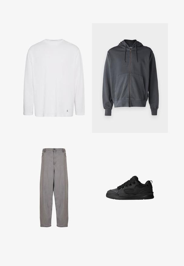 Szürke zipzáras kapucnis pulóver, elülső zsebbel és bordázott mandzsettákkal. Puha anyagból készült, egyszerű, letisztult dizájnnal.; Fehér, hosszú ujjú pamut póló. Kerek nyakkivágással, egyenes szabással és egy kis nyomtatott logóval az alsó részen. Simító tapintású.; Szürke farmernadrág magas derékkal, bő szárú fazonnal, elülső cipzárral és gombos zárással. Simább текстúra minimalista dizájnnal.; Fekete sportcipő texturált felsőrésszel, fűzőkkel, légáteresztő hálós részletekkel, párnázott bokarésszel és tartós talppal.