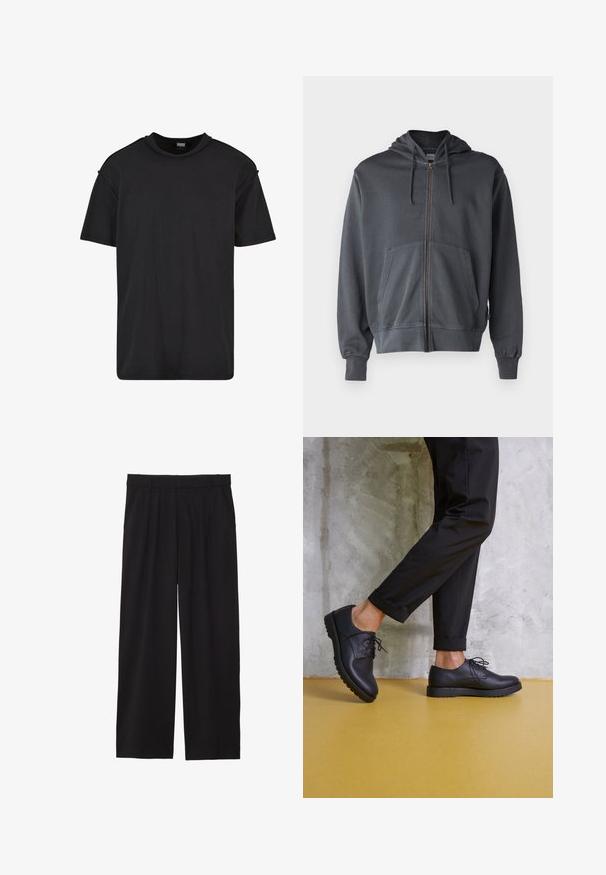 Pilkas užtrauktukas su gobtuvu, priekinėmis kišenėmis ir rauktomis rankovėmis. Pagamintas iš minkštos medžiagos, pasižymi paprastu, tvarkingu dizainu.; Juodas trumpomis rankovėmis T-marškinėlis, pagamintas iš medvilnės, su apvaliu kaklu, laisvu siluetu ir minimaliomis siuvimo detalėmis ant pečių.; Juodos platėjančios kelnės su pločiu priekiniu raukiniu, šoninėmis kišenėmis ir lygiu audiniu. Sukurtos patogiam prigludimui.; Juodi odiniai škriptiniai batai su apvaliu priekiu, tekstūruotu paviršiumi ir storu guminio pado. Dėvimi su sukrautais juodais keliais prieš betoninį foną.