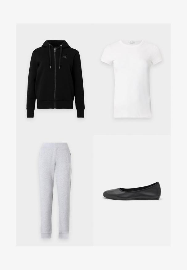 Black zip-up hoodie made from cotton blend fabric. Features a drawstring hood, ribbed cuffs, and a small logo on the left chest.; White ribbed short-sleeve T-shirt with a crew neck. The fabric appears smooth with a fitted silhouette. Branding label visible at the collar.; Gray sweatpants with a tapered design, elastic waistband, ribbed cuffs, and side pockets. Fabric appears soft and slightly textured.; Black leather ballet flat with a rounded toe, smooth texture, minimal stitching detail, and a flexible sole design.