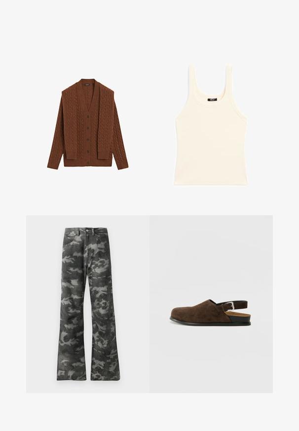 Brown cable-knit cardigan with a V-neck, long sleeves, and button front. Made of textured material, features vertical patterns, and dark buttons.; Light beige tank top made of ribbed fabric, featuring a round neckline and thick straps, with a fitted shape and minimal detailing.; Dark gray and black camouflage patterned straight-leg jeans with button and zip closure and front pockets.; Brown suede slip-on shoe with a low heel, an adjustable strap with a silver buckle, and a black rubber sole.