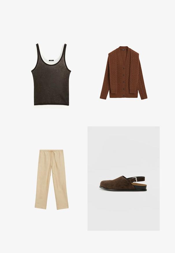 Cardigan a maglia marrone con scollatura a V, maniche lunghe e chiusura con bottoni. Realizzato in materiale testurizzato, presenta motivi verticali e bottoni scuri.; Top senza maniche di colore marrone scuro con orlo orizzontale bianco. Realizzato in tessuto leggero, presenta un collo rotondo e un design minimalista.; Pantaloni beige chiaro, dalla vestibilità ampia, con un elastico in vita e cordoncino. Presentano due tasche laterali e una texture liscia.; Scarpa slip-on in suede marrone con tacco basso, cinturino regolabile con fibbia argentata e suola in gomma nera.