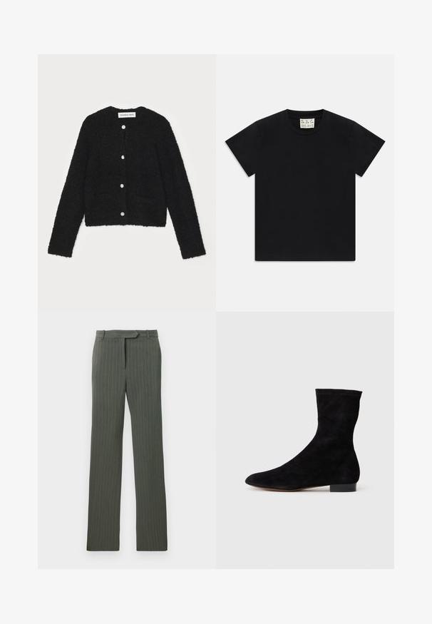 Čierny huňatý kardigán s okrúhlym výstrihom, dlhými rukávmi a piatimi prednými gombíkmi. Obsahuje dve predné vrecká a má skrátený strih.; Čierne tričko s krátkym rukávom a okrúhlym výstrihom s bielou štítkom vo vnútri goliera označeným "D.R.C. EST. 2002" na bielom pozadí.; Tmavo šedé pruhované nohavice na mieru s pútkami na opasok a rovnými nohavicami, položené na bielom pozadí.; Čierne semišové členkové topánky s priliehavým zvrškom, špicatou špičkou a nízkym blokovým opätkom. Hladká textúra a minimalistický dizajn, vhodné na všestranné kombinovanie.
