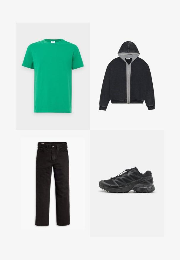 YOURTURN UNISEX - Hoodie - true black; Green cotton t-shirt with short sleeves, crew neckline, and a smooth texture. Simple design without patterns or embellishments.; Black straight-leg denim jeans with five pockets, button closure, and belt loops, laid flat on a white background.; Black running shoe with mesh and synthetic upper, flexible outsole, and elastic laces. Features a cushioned midsole for comfort.