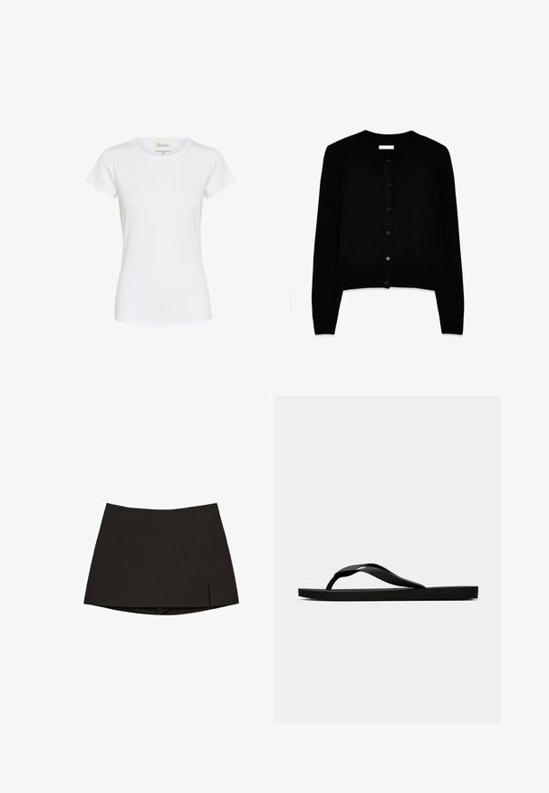 Schwarzer Cardigan aus weichem Strickstoff, mit rundem Ausschnitt, langen Ärmeln und einer vorderen Knopföffnung mit sechs passenden Knöpfen.; Weißes T-Shirt mit kurzen Ärmeln aus weicher Baumwolle, mit einem Rundhalskragen und einem dezenten gestickten Logo auf der Brust. Klassische, figurbetonte Passform.; Schwarzer Minirock aus glattem Stoff, mit geradem Schnitt, Seitenschlitzen und sauberem Saum. Einfach und vielseitig.; Schwarze Gummi-Flip-Flop-Sandale mit einem strukturierten Riemen und einfacher flacher Sohle, von der Seite auf einem schlichten hellen Hintergrund dargestellt.