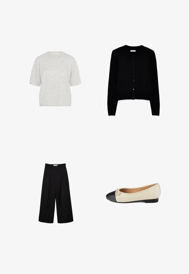 Svart cardigan i mjukt stickat material, med rund hals, långa ärmar och knappstängning fram med sex matchande knappar.; Ljusgrå kortärmad tröja, rund hals, mjuk textur, något lös passform, med en minimal melange-mönster och ribbade fålldetaljer.; Svarta vida byxor med hög midja, plisserad front och knappstängning. Tillverkade av ett mjukt tyg med skräddarsydd design.; Ballettskor i beige läder med en svart rund tå och liten rosettdekoration. Låg svart klack och slät textur på det övre materialet.