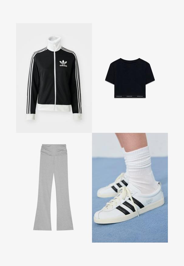 Must-sinine tõmblukuga jakk kõrge kaelusega, valge Adidas'i logo ja kolm valget triipu varrukatel, valmistatud siledast ja hingavast kangast.; Musthave muströögiga must lühikeste varrukatega t-särk pehmest kangast ning ümarate kaelustega. Hemmiku all on bränditud ribakiri "GUESS JEANS" valgel.; Hõlmadega hallid püksid, mis on valmistatud pehmest ja venivast kangast. Omavad mugavustunde jaoks kogutud vöökohta. Sile tekstuur ja vaba lõige üle kogu keha.; Valge nahast spordijalatsid mustade triipudega, kreemjasel tallal ja heledate paelatega. Kandmine valgete ribadega sokkidega, paigutatud sinise taustaga.