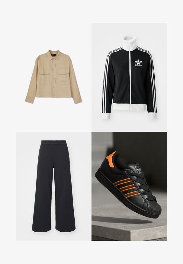 Svart glidelåsjakke med høy krage, hvit Adidas-logo og tre hvite striper nedover ermene, laget av glatt, pustende stoff.; Beige langermet skjorte laget av myk stoff, med knappelukking, to brystlommer og rett nederkant. Diskret logo broderi foran.; Svart bukse med vid benvidde laget av myk stoff, med elastisk midjebånd og en liten logo på venstre side.; Svart sneaker med oransje detaljer, tre horisontale striper, teksturert skinnoverdel, gummitå, og svarte lisser.