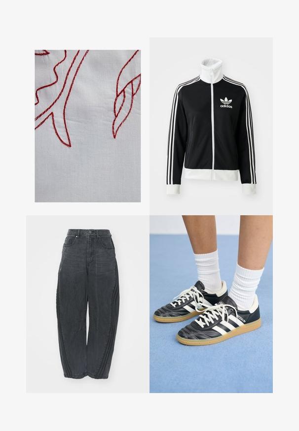 Black zip-up jacket with a high collar, white Adidas logo and three white stripes down the sleeves, made from smooth, breathable fabric.; White fabric featuring red embroidered detailing, depicting leafy shapes with varied stitch patterns and a textured finish.; Baggy black denim jeans with a faded finish, five pockets, a waist button closure, and stitched detailing on the front and sides.; Black leather sneakers with white stripes, round toe, white laces, and gum rubber sole. Accentuated by padded collar and branding details.