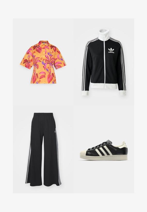 Melnā zipa jaka ar augstu apkakli, baltais Adidas logo un trīs baltas svītras gar piedurknēm, izgatavota no gludas, elpojošas auduma.; Īsām piedurknēm krekls oranžā audumā, kas rotāts ar dzīvīgu ziedu rakstu rozā un purpura toņos, ar apkakles kaklu un pogu aizdari.; Melnas plašas sporta bikses ar elastīgu jostasvietu, kurām ir baltas sānu svītras un izšūts logo kreisajā augšstilbā.; Melna ādas sporta apava ar baltām svītrām, gumijas purngala aizsardzību, melnām auklām un krēma krāsas zoli. Gluda tekstūra ar spīdīgu apdari.