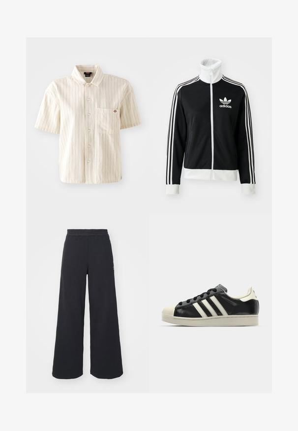 Schwarze Zip-Jacke mit hohem Kragen, weißem Adidas-Logo und drei weißen Streifen an den Ärmeln, aus glattem, atmungsaktivem Material.; Kurzärmliges, cremefarbenes Hemd mit roten vertikalen Streifen und einer Brusttasche links, aus Baumwollstoff gefertigt, mit einem kragenförmigen Ausschnitt.; Schwarze weite Sweatpants aus weichem Material, mit einem elastischen Taillenbund und einem kleinen Logo auf der linken Seite.; Schwarze Ledersneaker mit weißen Streifen, Gummikappe, schwarzen Schnürsenkeln und einer cremefarbenen Sohle. Glatte Textur mit glänzender Oberfläche.