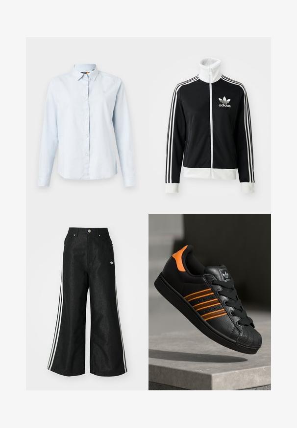 Giacca nera con zip e colletto alto, logo Adidas bianco e tre strisce bianche lungo le maniche, realizzata in tessuto liscio e traspirante.; Camicetta azzurro chiaro a maniche lunghe con colletto a punta, chiusura frontale con bottoni e tessuto morbido. Presenta un piccolo logo ricamato sul petto.; Pantaloni in denim neri a gamba larga con tre strisce bianche su ciascun lato e un piccolo logo bianco. Presentano tasche frontali e chiusura con bottone.; Sneaker nera con accenti arancioni, tre strisce orizzontali, parte superiore in pelle texture, punta in gomma e lacci neri.