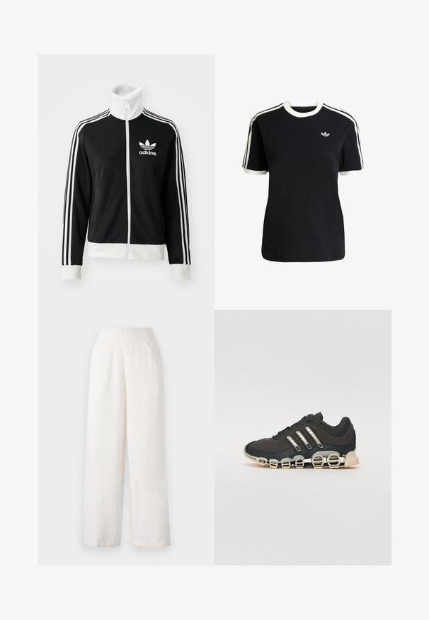 Schwarze Zip-Jacke mit hohem Kragen, weißem Adidas-Logo und drei weißen Streifen an den Ärmeln, aus glattem, atmungsaktivem Material.; Schwarzes Baumwoll-T-Shirt mit weißen Akzenten am Kragen und an den Ärmeln, ausgestattet mit drei weißen Streifen auf jeder Schulter und einem kleinen Logo auf der Brust.; Weiße weit geschnittene Hosen aus strukturiertem, knitterigem Stoff. Mit einem elastischen Bund und seitlichen Taschen für zusätzlichen Komfort.; Schwarzer Sportschuh mit einer strukturierten Oberseite, drei silbernen Streifen und einer markanten Dämpfungssohle mit mehreren integrierten Sektionen.