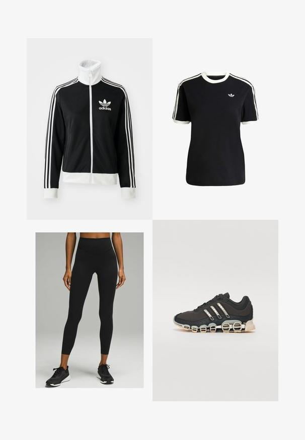 Svart zip-up jacka med hög krage, vitt Adidas-logotyp och tre vita ränder nerför ärmarna, tillverkad av glatt, andningsbart material.; Svart bomull t-shirt med vita detaljer på kragen och ärmarna, med tre vita ränder på varje axel och en liten logotyp på bröstet.; Svarta högmidjade leggings med en slät yta och en åtsittande design, i kombination med svarta sportskor med vit sula.; Svart sportskor med en texturerad överdel, tre silverränder och en distinkt stötdämpande sula med flera integrerade sektioner.