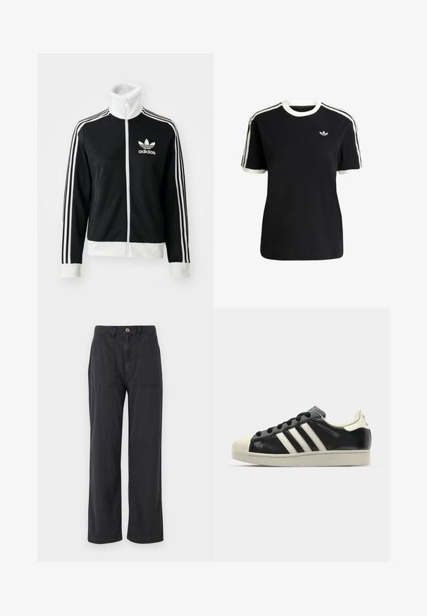 Crna zip-up jakna s visokim ovratnikom, bijelim Adidas logom i tri bijele pruge duž rukava, izrađena od glatkog, prozračnog materijala.; Crna pamučna majica s bijelim detaljima na ovratniku i rukavima, s tri bijele pruge na svakom ramenu i malim logotipom na prsima.; Crne široke hlače izrađene od lagane tkanine, s kopčanjem na dugme, dva prednja džepa i glatkom teksturom.; Crni kožni tenisice s bijelim prugama, gumeni zaštitni vrh, crne vezice i bijela potplata boje krem. Glatka tekstura s sjajnim završetkom.