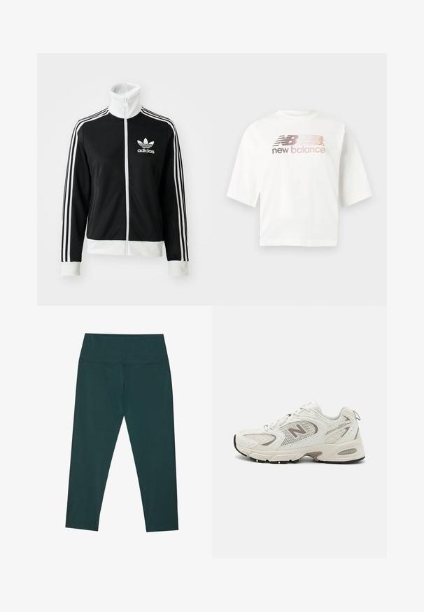 Schwarze Zip-Jacke mit hohem Kragen, weißem Adidas-Logo und drei weißen Streifen an den Ärmeln, aus glattem, atmungsaktivem Material.; Weißes kurzärmeliges T-Shirt aus Baumwolle mit einem Farbverlauf-Logo in Rosa und Grau sowie dem Text „new balance“ unter dem Logo.; Dunkelgrüne Capri-Leggings mit hohem Taillenbund, aus glattem, dehnbarem Material. Mit Flachnähten und einer figurbetonten Silhouette.; Weißes Mesh-Laufschuh mit grauen Akzenten, runder Spitze, Schnürdesign, gepolsteter Sohle und einem auffälligen "N"-Logo an der Seite.
