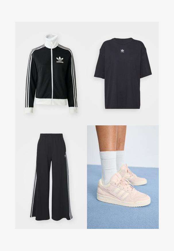 Melnā zipa jaka ar augstu apkakli, baltais Adidas logo un trīs baltas svītras gar piedurknēm, izgatavota no gludas, elpojošas auduma.; Melna kokvilnas t-kreklā ar īsām piedurknēm un apaļu kakla izgriezumu, uz krūtīm ir balta Adidas logo. Vienkāršs dizains, brīvs piegriezums.; Melnas plašas sporta bikses ar elastīgu jostasvietu, kurām ir baltas sānu svītras un izšūts logo kreisajā augšstilbā.; Gaiši rozā Adidas sporta apavi ar zamšādu un sieta materiāliem, ar trim baltām svītrām, gumijas zoli un tonālām šņorēm, apvienoti ar baltām zeķēm.