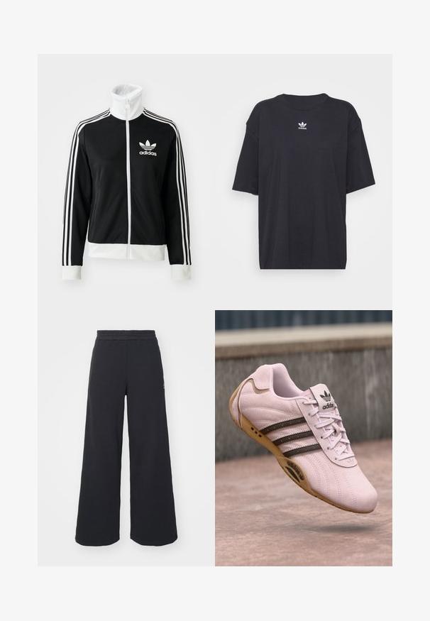 Casaco preto com fecho éclair e colarinho alto, logótipos Adidas brancos e três riscas brancas ao longo das mangas, feito de tecido liso e respirável.; T-shirt de algodão preto com mangas curtas, decote arredondado, apresenta um logótipo branco da Adidas no peito. Design simples, ajuste descontraído.; Calças de fato largas, pretas, feitas de tecido macio, com uma cintura elástica e um pequeno logótipo do lado esquerdo.; Sapatilha desportiva em camurça rosa com sola de borracha, apresentando três riscas escuras, atacadores e logótipo da Adidas na língua. Design com bico arredondado.