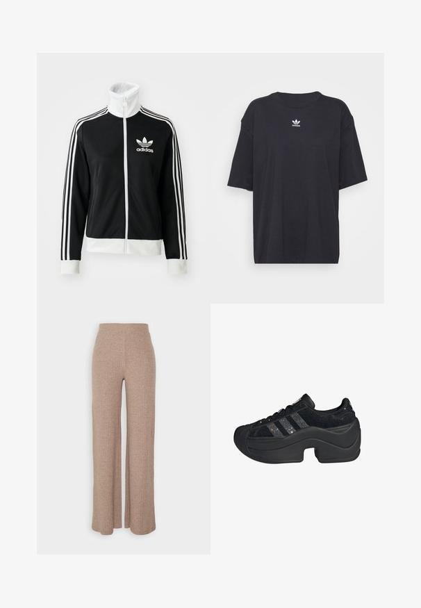 Black zip-up jacket with a high collar, white Adidas logo and three white stripes down the sleeves, made from smooth, breathable fabric.; Black cotton t-shirt with short sleeves, round neckline, features a white Adidas logo on the chest. Simple design, relaxed fit.; Beige ribbed wide-leg trousers with a high waistband and soft texture, featuring a loose fit and no visible fastenings.; Black sneaker featuring mesh material, three horizontal stripes, a rounded toe, and a thick, sculpted sole with a unique cutout design.
