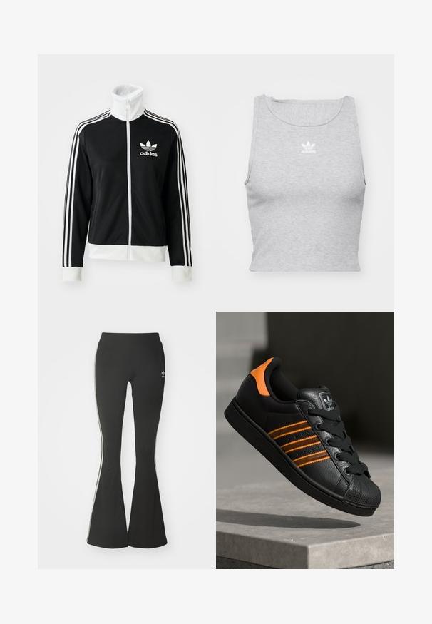 Casaco preto com fecho éclair e colarinho alto, logótipos Adidas brancos e três riscas brancas ao longo das mangas, feito de tecido liso e respirável.; Top cropped cinza, sem mangas, feito de um tecido suave, com um decote redondo e um pequeno logótipo branco da Adidas no peito.; Leggings pretos flare feitos de tecido elástico, com uma cintura alta e listras brancas nas laterais. Inclui um pequeno logótipo na cintura.; Sapatilha preta com detalhes laranja, três riscas horizontais, parte superior em couro texturizado, bico de borracha e atacadores pretos.