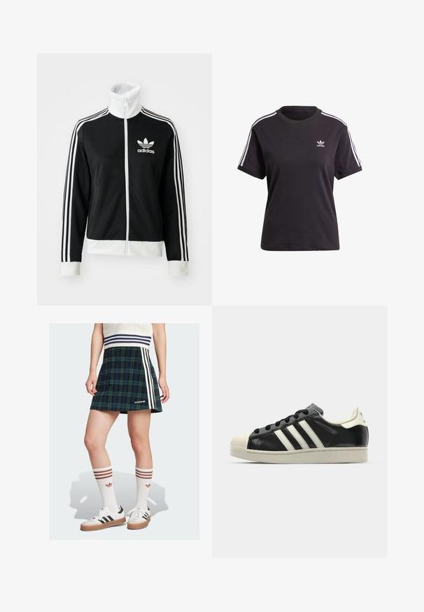 Chaqueta negra con cierre delantero, cuello alto, logo blanco de Adidas y tres franjas blancas en las mangas, hecha de un tejido liso y transpirable.; Camiseta de algodón negra de manga corta con cuello redondo, que presenta rayas blancas en los hombros y un pequeño logo blanco de Adidas en el pecho.; adidas Originals Falda acampanada - night indigo black shadow green; Zapatilla de cuero negro con rayas blancas, puntera de goma, cordones negros y suela color crema. Textura suave con acabado brillante.