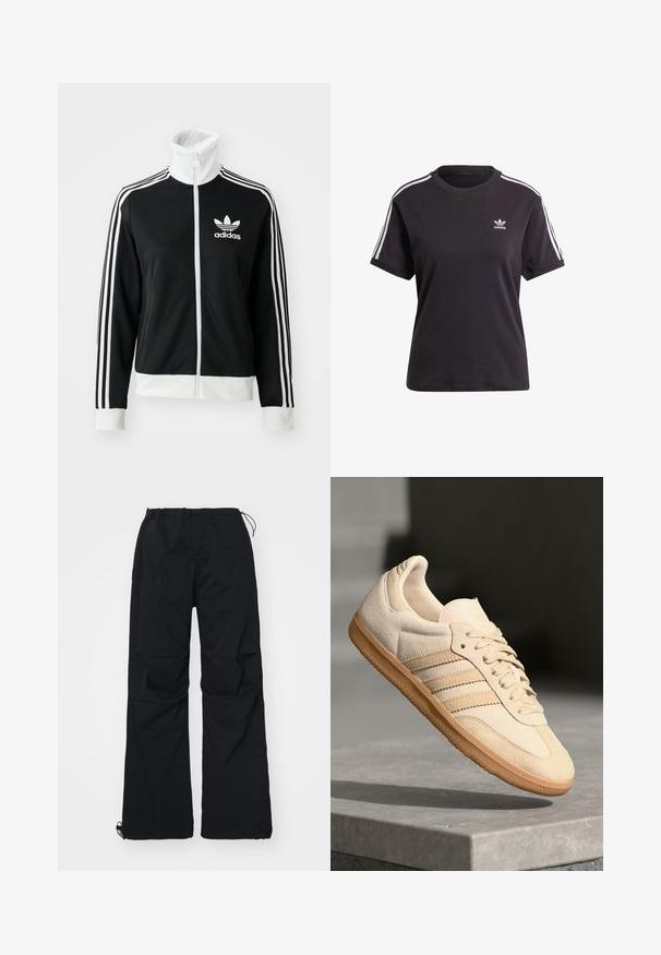 Svart glidelåsjakke med høy krage, hvit Adidas-logo og tre hvite striper nedover ermene, laget av glatt, pustende stoff.; Svart bomull T-skjorte med kort erme og rund hals, med hvite striper på skuldrene og en liten hvit Adidas-logo på brystet.; Svarte cargo-bukser har elastisk midje med snor, to sidelommer og vid ben-design. Laget av slitesterkt stoff.; Lys beige suedette sneakers med gummisåle, tre diagonale striper og en teksturert tåhette. Har logo på tungen og siden.