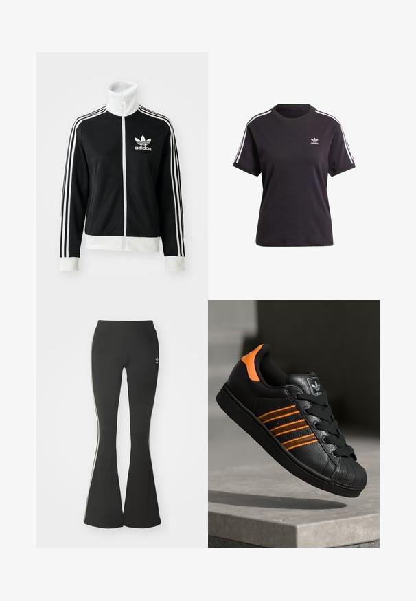 Casaco preto com fecho éclair e colarinho alto, logótipos Adidas brancos e três riscas brancas ao longo das mangas, feito de tecido liso e respirável.; T-shirt preto de algodão de mangas curtas com gola redonda, apresentando riscas brancas nos ombros e um pequeno logotipo branco da Adidas no peito.; Leggings pretos flare feitos de tecido elástico, com uma cintura alta e listras brancas nas laterais. Inclui um pequeno logótipo na cintura.; Sapatilha preta com detalhes laranja, três riscas horizontais, parte superior em couro texturizado, bico de borracha e atacadores pretos.