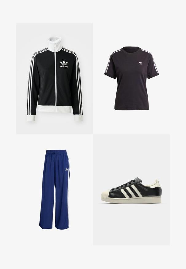 Casaco preto com fecho éclair e colarinho alto, logótipos Adidas brancos e três riscas brancas ao longo das mangas, feito de tecido liso e respirável.; T-shirt preto de algodão de mangas curtas com gola redonda, apresentando riscas brancas nos ombros e um pequeno logotipo branco da Adidas no peito.; Calças desportivas azul-marinho com perna larga, cintura elástica e riscas brancas nas laterais. Apresenta o logótipo da Adidas no lado superior esquerdo.; Sapatilha de couro preto com riscas brancas, biqueira de borracha, atacadores pretos e sola na cor creme. Textura suave com acabamento brilhante.