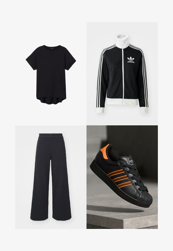 Czarna kurtka zapinana na zamek z wysokim kołnierzem, białym logo Adidasa i trzema białymi paskami na rękawach, wykonana z gładkiego, oddychającego materiału.; Czarny t-shirt z krótkim rękawem wykonany z miękkiego materiału. Posiada okrągły dekolt oraz nieco dłuższy tylny brzeg. Gładka tekstura, bez wzorów i dodatków.; Czarne szerokie spodnie dresowe wykonane z miękkiego materiału, z elastycznym paskiem w talii oraz małym logo po lewej stronie.; Czarne sneakersy z pomarańczowymi akcentami, trzema poziomymi paseczkami, skórzaną cholewką o teksturowanej powierzchni, gumowym noskiem i czarnymi sznurówkami.