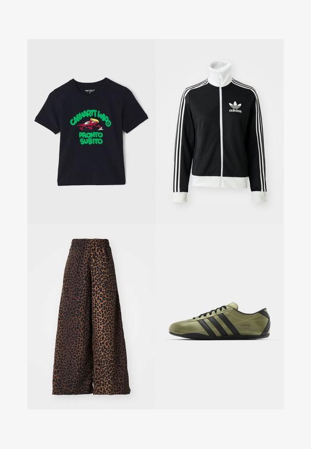 Mustapaitainen vetoketjullinen takki, jossa on korkea kaulus, valkoinen Adidas-logo ja kolme valkoista raitaa hihoissa, valmistettu sileästä ja hengittävästä kankaasta.; Musta puuvillapaita lyhyillä hihoilla, jossa on värikäs graafinen kuva sarjakuvatyyppisestä hahmosta ja teksti "CARHARTT WIP PRONTO SUBITO" vihreänä ja punaisena.; Housut leveillä lahkeilla, valmistettu sileästä kankaasta, ruskealla taustalla mustalla leopardiprinttimallilla ja joustavalla vyötäröllä.; adidas Originals TOKYO - Matalavartiset tennarit - gold metallic/core black