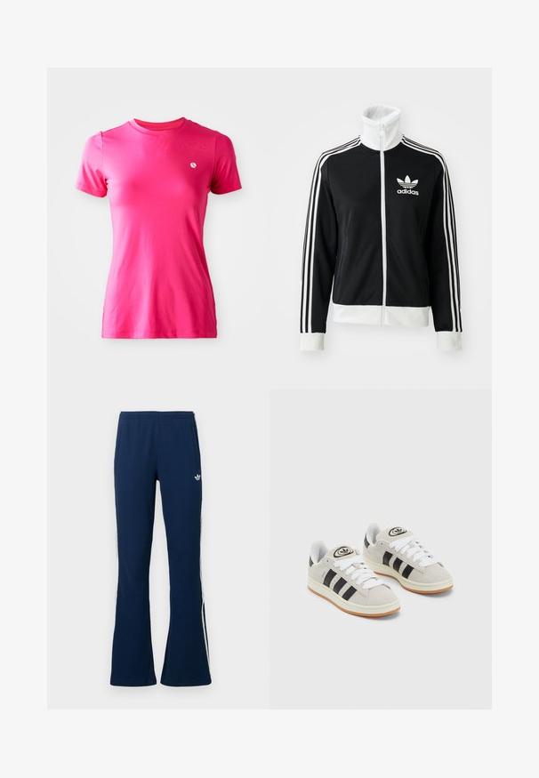 Juodas užtrauktukas džemperis su aukštu apykakle, baltu Adidas logo ir trimis baltais dryžiais ant rankovių, pagamintas iš lygios, kvėpuojančios medžiagos.; Trumpas rankovėmis, apvalios iškirptės marškinėliai ryškiai rožinės spalvos, su mažuoju baltu logotipu kairiajame krūtinės srityje ir lygiu paviršiumi.; Tamsiai mėlynos spalvos siūluotos platėjančios sportinės kelnės su baltomis juostelėmis šonuose ir siuvinėta logotipu kairėje pusėje, turi dvi šonines kišenes.; Grynos zomšos sneakeriai su baltais raišteliais, juodomis juostelėmis ir balta gumine sole. Turintys apskritą logotipą ant liežuvėlio ir guminę sole.