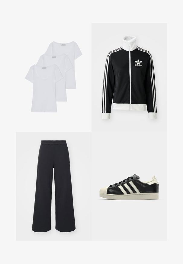 Must-sinine tõmblukuga jakk kõrge kaelusega, valge Adidas'i logo ja kolm valget triipu varrukatel, valmistatud siledast ja hingavast kangast.; Kolm valget puuvillast T-särki lühikeste varrukatega ja ümar kaelus, millel on sile tekstuur ja ühtlane disain.; Mustad laiad spordipüksid, mis on valmistatud pehmest kangast, elastse vöökohtaga ja väikese logoga vasakul küljel.; Must have nahkased mustad tossud valgete triipudega, kummist varbakattega, mustade paeltega ja kreemika värvusega tallaga. Sile tekstuur ja läikiv viimistlus.