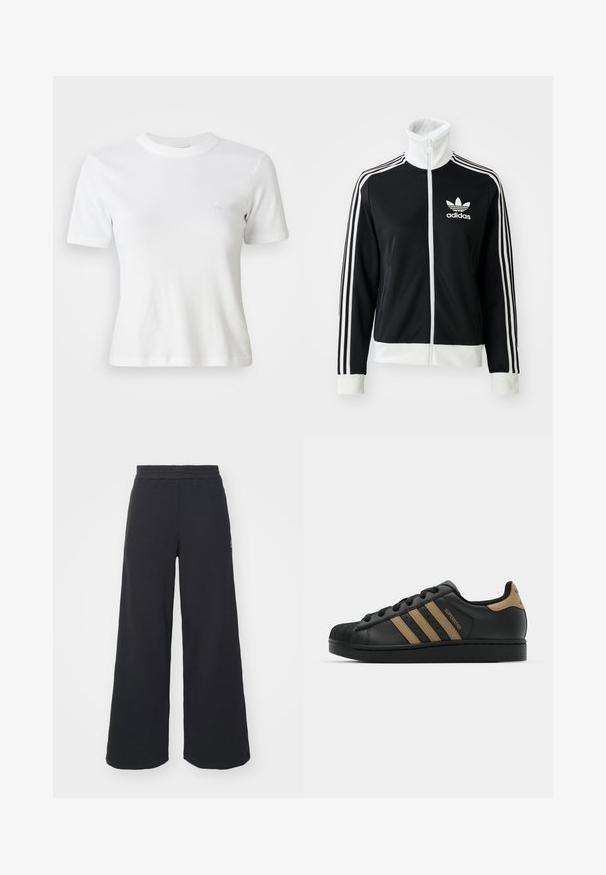 Jachetă neagră cu fermoar și guler înalt, logo Adidas alb și trei dungi albe pe mâneci, realizată dintr-un material neted și respirabil.; Tricou scurt cu mânecă albă, cu guler rotund și un mic logo pe piept. Fabricat dintr-un material moale, cu un design ajustat.; Pantaloni de trening negri, cu picioare largi, confecționați dintr-un material moale, având un talie elastică și un logo mic pe partea stângă.; Sneakers negre din piele, cu trei dungi maro, vârf din cauciuc texturat, șireturi în față și talpă plată neagră. Prezintă un logo subtil pe călcâi.
