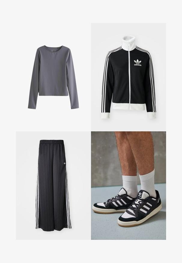 Giacca nera con zip e colletto alto, logo Adidas bianco e tre strisce bianche lungo le maniche, realizzata in tessuto liscio e traspirante.; Maglietta grigia a maniche lunghe in tessuto liscio; presenta un collo rotondo e una vestibilità dritta, leggermente ampia, senza motivi o dettagli visibili.; Pantaloni neri a gamba larga con righe verticali bianche, vita elastica e tre righe bianche lungo il lato. Logo Adidas sulla parte anteriore.; Sneaker bianco e nero con tomaia in suede e pelle, caratterizzati da tre strisce bianche, punta perforata e suola in gomma naturale.