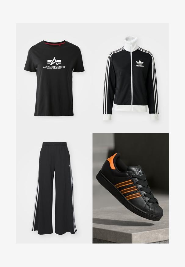 Melnā zipa jaka ar augstu apkakli, baltais Adidas logo un trīs baltas svītras gar piedurknēm, izgatavota no gludas, elpojošas auduma.; Melnas kokvilnas T-krekls ar apaļu kakla izgriezumu un īsām piedurknēm. Priekšpusē ir izcelts balts logo ar stilizētiem burtiem un akcenta līnijām.; Melnas plašas sporta bikses ar elastīgu jostasvietu, kurām ir baltas sānu svītras un izšūts logo kreisajā augšstilbā.; Melnas kedas ar oranžiem akcentiem, trīs horizontālas svītras, teksturēts ādas augšdaļa, gumijas purngala daļa un melnas auklas.