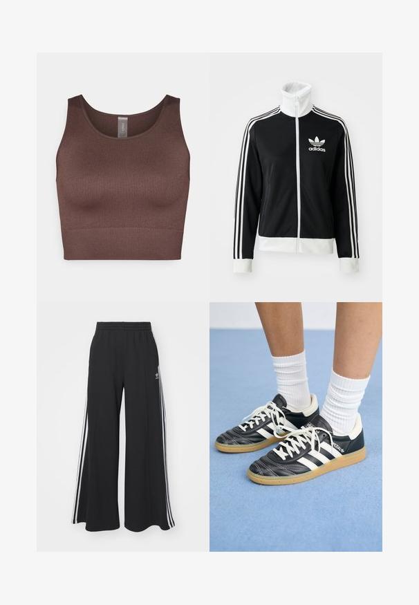 Zwarte zip-up jack met hoge kraag, wit Adidas-logo en drie witte strepen langs de mouwen, vervaardigd uit glad, ademend materiaal.; Bruine geribde cropped top met een ronde halslijn en brede bandjes. Gemaakt van rekbaar materiaal, met een naadloos ontwerp en een gladde textuur.; Zwarte wijde sweatpants met een elastische tailleband, met witte zijstrepen en een geborduurd logo op de linker dij.; Zwarte leren sneakers met witte strepen, ronde neus, witte veters en een gumrubberen zool. Versterkt met een gevoerd kraag en merkdetails.