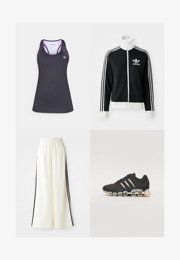 Giacca nera con zip e colletto alto, logo Adidas bianco e tre strisce bianche lungo le maniche, realizzata in tessuto liscio e traspirante.; Canottiera sportiva nera con dettagli viola, caratterizzata da un design racerback e lati in mesh testurizzato. Realizzata in un tessuto traspirante che allontana l'umidità.; Pantaloni bianchi a gamba larga con elastico in vita e righe verticali nere lungo le cuciture esterne.; Scarpa da ginnastica nera con tomaia testurizzata, tre strisce argentate e una suola ammortizzata distintiva con più sezioni integrate.