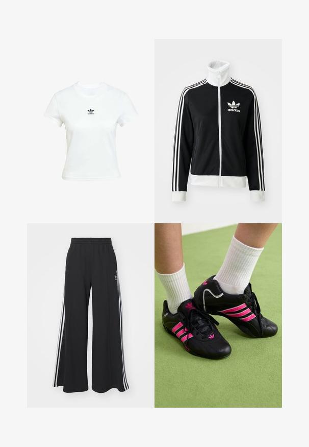 Sort zip-jakke med høj krave, hvid Adidas-logo og tre hvide striber ned ad ærmerne, lavet af glat, åndbart stof.; Hvid bomulds T-shirt med korteærmer og rund hals. Har et sort Adidas-logo trykt på brystet. Simpelt, minimalistisk design.; Sorte brede sweatpants med elastisk talje, med hvide sidelommer og et broderet logo på venstre lår.; Sorte træningssko med tre rosa striber, tekstureret læderoverdel, sorte snørebånd og logodetalje, parret med hvide ribbede sokker på grøn overflade.