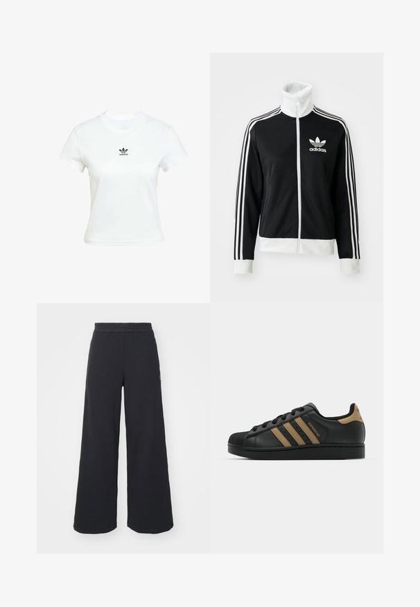 Svart glidelåsjakke med høy krage, hvit Adidas-logo og tre hvite striper nedover ermene, laget av glatt, pustende stoff.; Hvit bomulls t-skjorte med korte ermer og rund hals. Har et svart Adidas-logo trykket på brystet. Enkel, minimal design.; Svart bukse med vid benvidde laget av myk stoff, med elastisk midjebånd og en liten logo på venstre side.; Svarte lærersneakers med tre brune striper, teksturert gummitåhette, snøring foran og flat svart såle. Har en subtil logo på hælen.
