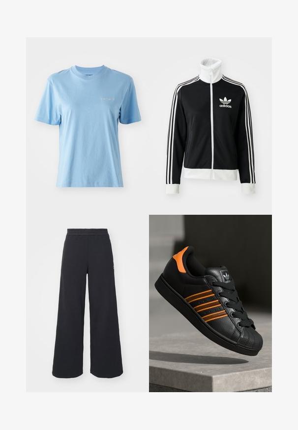 Crna zip-up jakna s visokim ovratnikom, bijelim Adidas logom i tri bijele pruge duž rukava, izrađena od glatkog, prozračnog materijala.; Majica kratkih rukava, okruglog izreza, izrađena od mekog pamuka svijetloplave boje, s malim bijelim Carhartt logotipom na prsima. Glatka tekstura.; Crne široke sweatpants hlače napravljene od mekog materijala, s elastičnim strukom i malim logotipom s lijeve strane.; Crni tenisice s narančastim naglascima, tri horizontalne pruge, teksturirani kožni gornji dio, gumen kapica za prste i crne vezice.