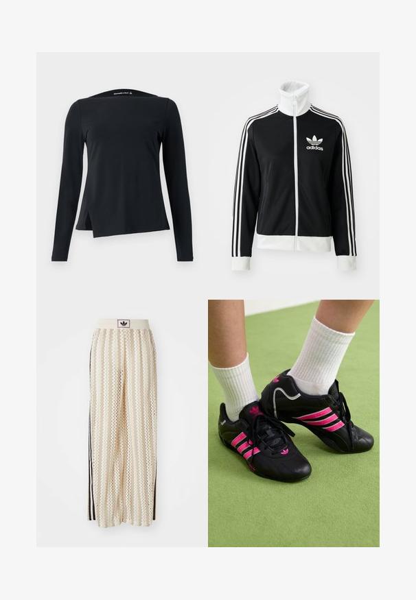 Must-sinine tõmblukuga jakk kõrge kaelusega, valge Adidas'i logo ja kolm valget triipu varrukatel, valmistatud siledast ja hingavast kangast.; Must mustaga pika varrukaga tipp, mis on valmistatud siledast kangast, funktsiooniga kõrge kaelus ja asümmeetriline hem, millel on külgsalud moodsaks disainiks.; Kreemivärvilised lai säärega püksid, millel on siksakmustrit, must logoga vööp ja külgmised mustad triibud. Kerge, tekstureeritud kangas.; Mustad musta värvi spordijalatsid, millel on kolm roosat triipu, tekstureeritud nahkpealne, mustad paelad ja logo detail, koos valgete ribaga sokkidega rohelisel pinnal.