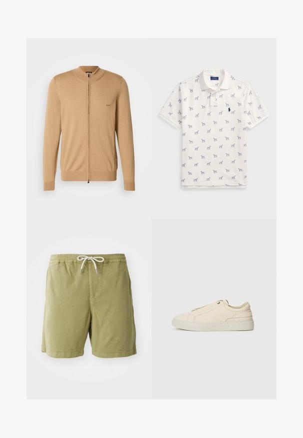 Svetr pro muže v barvě velbloudí s plným zipem, s žebrovanými manžetami a dolním lemem, který má malé logo "BOSS" na levé hrudi.; Bílá polo tričko vyrobené z bavlny, s opakovaným modrým vzorem psů a malým modrým logem na hrudi. Krátké rukávy a límeček.; NN.07 GREGOR - Šortky - green; Krémové kožené tenisky s kulatou špičkou, minimalistickým designem, jemnými švy a texturovaným svrškem, na světlé podrážce.