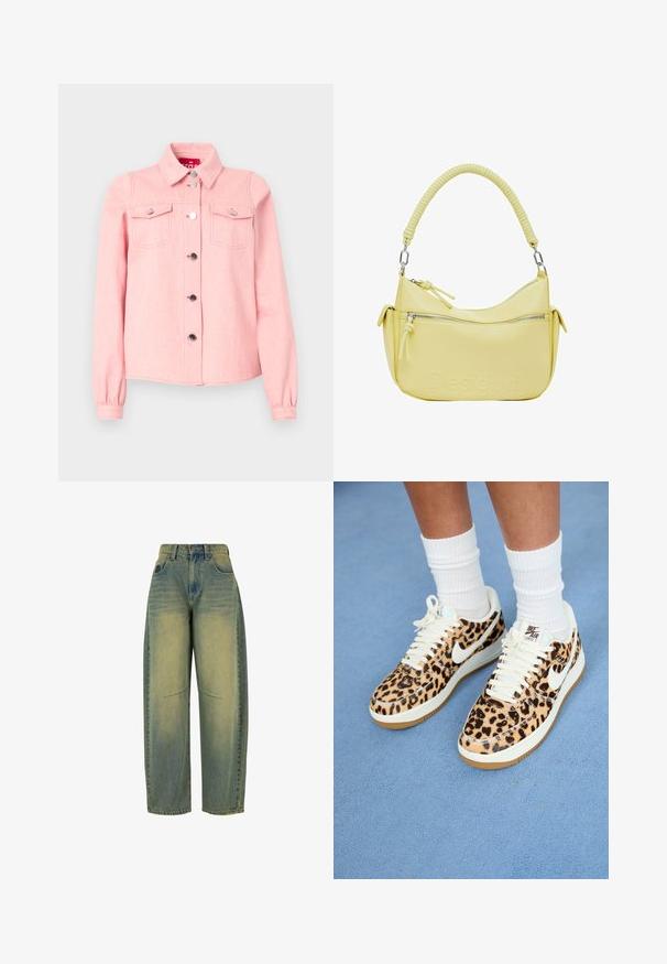 Cardigan rosa lavorato a maglia con scollo rotondo, maniche lunghe e bottoni lungo la parte anteriore. Tessuto morbido, orlo aderente e design classico.; Giubbotto di jeans rosa chiaro con maniche lunghe, colletto a punta, due tasche sul petto e bottoni a pressione argentati lungo la parte anteriore. Texture morbida.; Jeans in denim a gamba larga di colore blu chiaro con texture sbiadita. Presenta cinque tasche e vita alta. Orlo pulito e dettagli di cucitura delicati.; Sneakers Nike Air Force 1 con stampa leopardata, con lacci e swoosh bianchi, caratterizzati da una suola in gomma beige e una parte superiore testurizzata. Calze a compressione bianche visibili.; Borsa a tracolla gialla in pelle con manico testurizzato, scomparti con zip e logo impresso. Presenta una forma curva e tasche laterali.