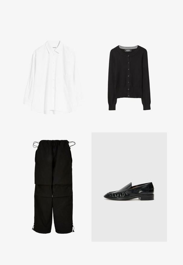 Black knitted cardigan with a round neckline, front button closure, long sleeves, and textured fabric. Gray inner collar accent.; White long-sleeve collared shirt made of cotton, featuring a button-up front, a single chest pocket, and a relaxed fit.; Black pants made of lightweight fabric, featuring an adjustable waistband and drawstring hems. Designed with a loose, oversized fit and multiple pockets.; Billi Bi Moccasins - black