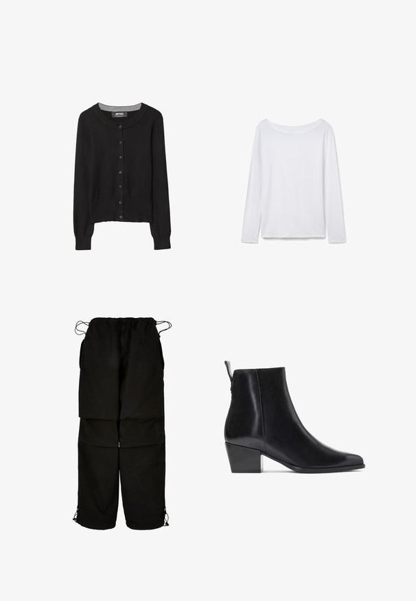 Černý pletený cardigan s kulatým výstřihem, zapínáním na knoflíky vpředu, dlouhými rukávy a texturovanou látkou. Šedý vnitřní límec jako akcent.; Bílé tričko s dlouhým rukávem a širokým výstřihem, vyrobené z měkké tkaniny. Hladký povrch, rovný lem, bez viditelných doplňků nebo vzorů.; Černé kalhoty vyrobené z lehkého materiálu, s nastavitelným pasem a šňůrkovými lemy. Navrženy v volném, oversized střihu a s několika kapsami.; Černá kožená kotníková bota s špičatou špičkou, nízkým blokovým podpatkem, hladkým povrchem a poutkem na zadní straně pro snadné obouvání.