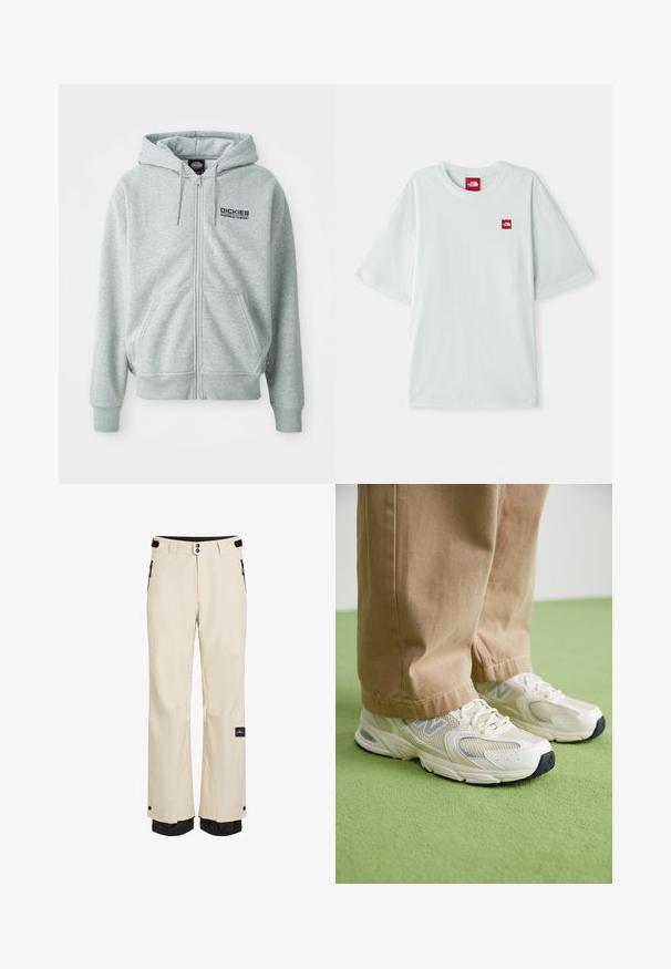 Gray zip-up hoodie made of soft fabric, featuring a kangaroo pocket, adjustable drawstring hood, and "Dickies Workwear Company" logo on the chest.; Light green short-sleeve t-shirt made of soft cotton, featuring a small red logo tag on the left chest area. Relaxed fit and round neckline.; Beige snow pants with black accents, standard fit, waterproof material, adjustable waist, zippered pockets, and elastic cuffs at the ankles.; Beige mesh and synthetic sneakers with a white sole, featuring lacing and a grey logo detail, against a green background.